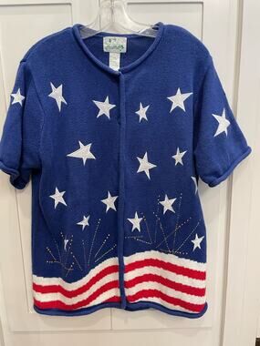 VTG  The Quacker Factory patriotic sweater 4th of July Large short sleeve